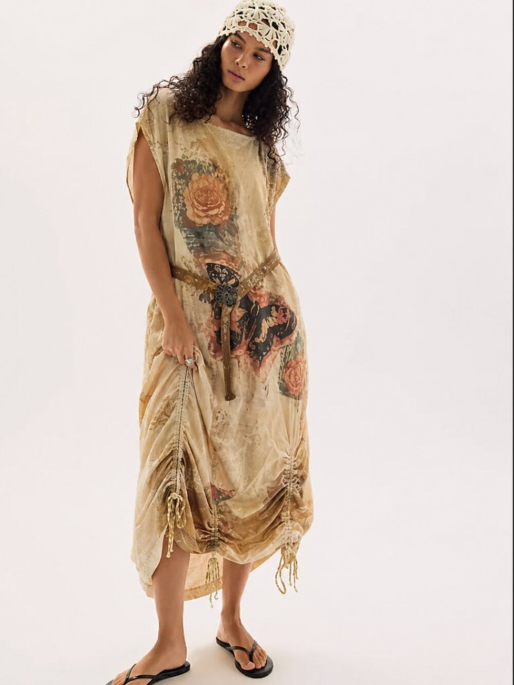 A RARE BIRD NEW.  Boho Floral Beige Midi Dress with Drawstring Detail